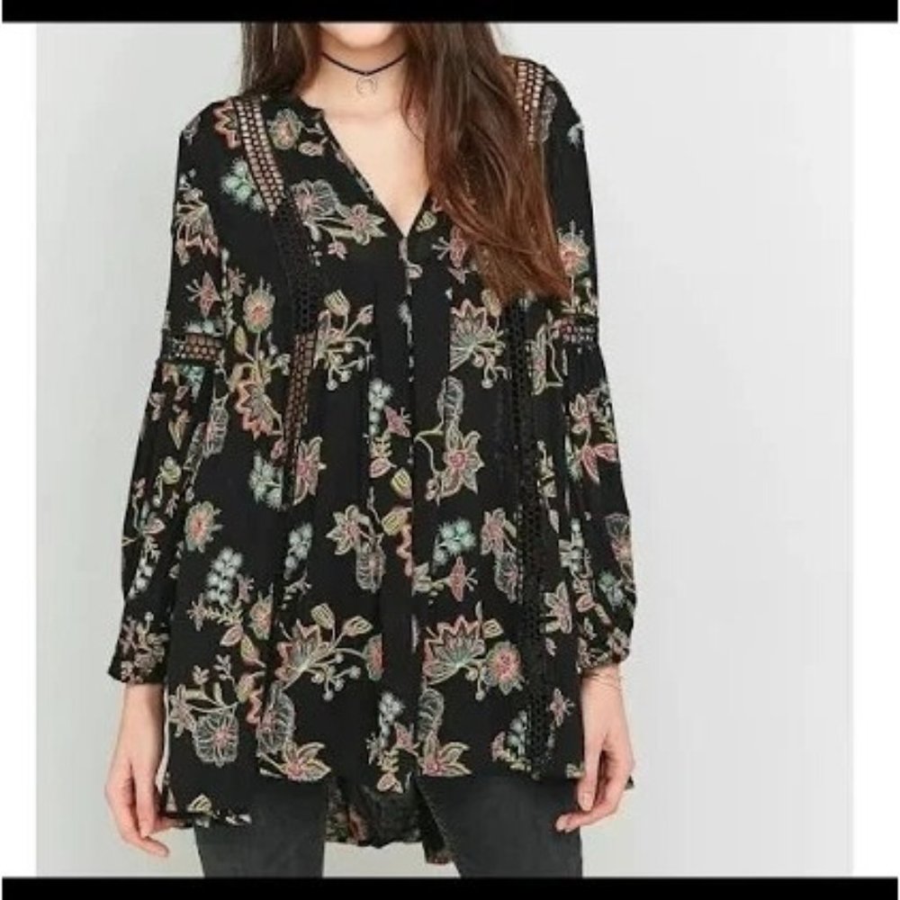 Free People Women's Sz. S Boho Floral Just The Two Of Us Long Sleeve Tunic